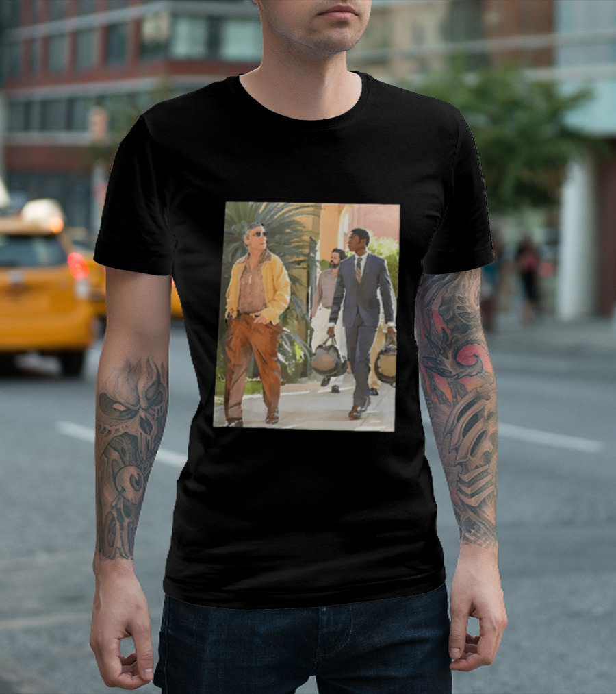 Men In Stylish Outfits Walking Outdoors With Bags T-Shirt