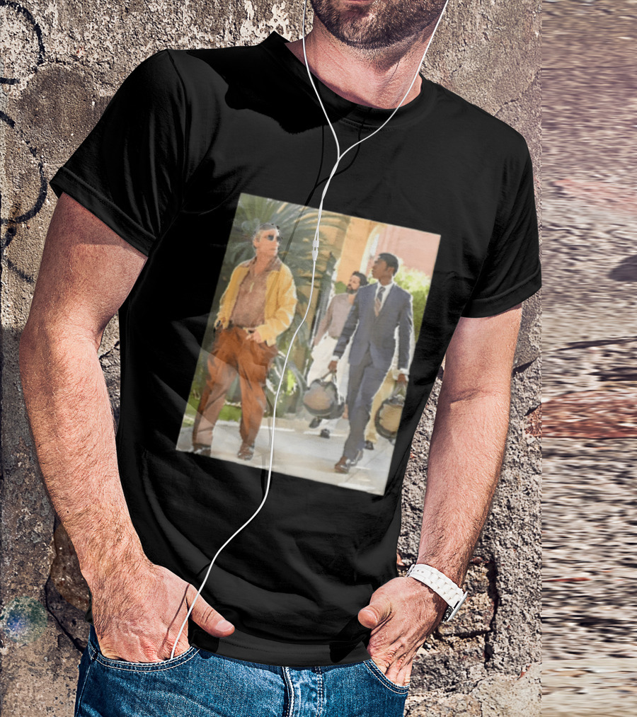 Men In Stylish Outfits Walking Outdoors With Bags T-Shirt