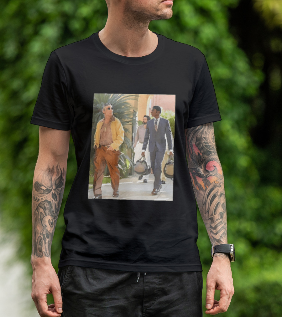 Men In Stylish Outfits Walking Outdoors With Bags T-Shirt