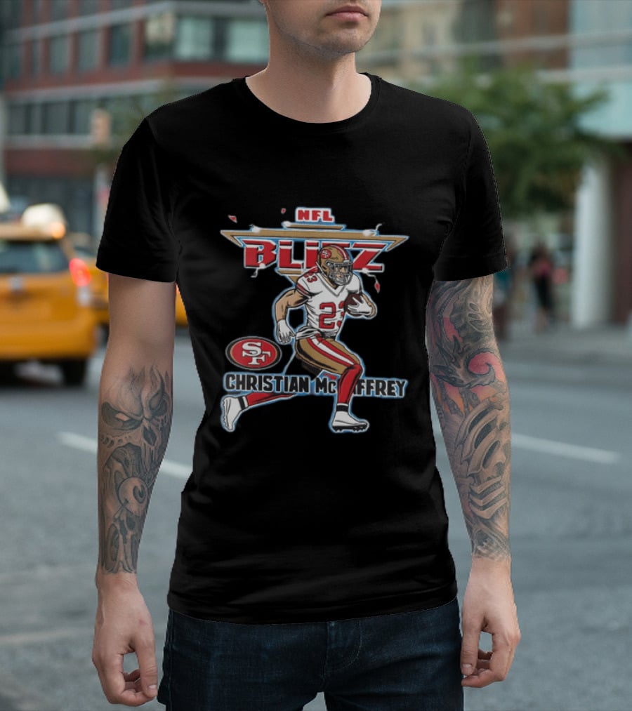 NFL Blitz 23 Christian McCaffrey San Francisco 49ers Football Player Running With Ball T-Shirt