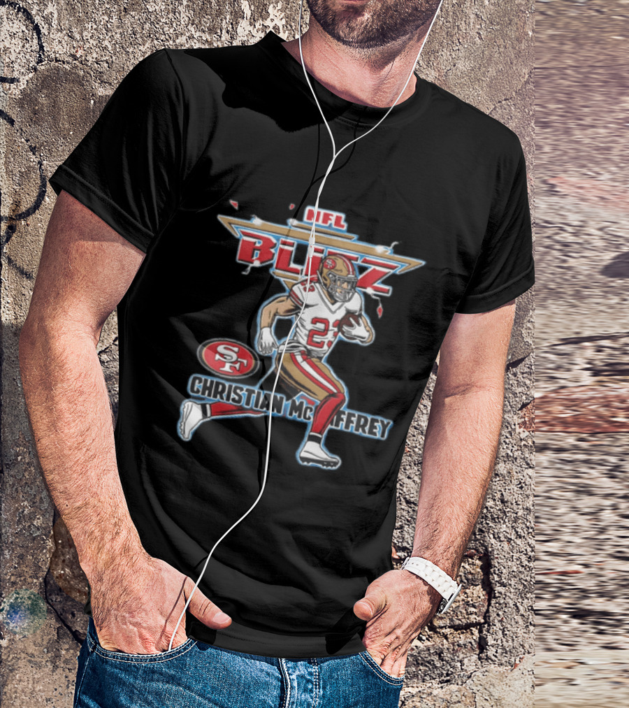 NFL Blitz 23 Christian McCaffrey San Francisco 49ers Football Player Running With Ball T-Shirt