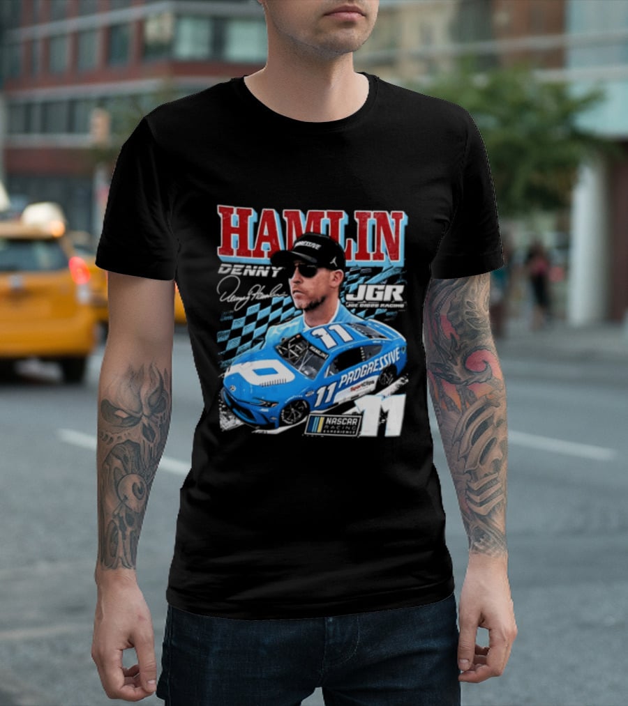 Denny Hamlin Joe Gibbs Racing NASCAR Progressive 11 Racer With Signature And Sunglasses T-Shirt