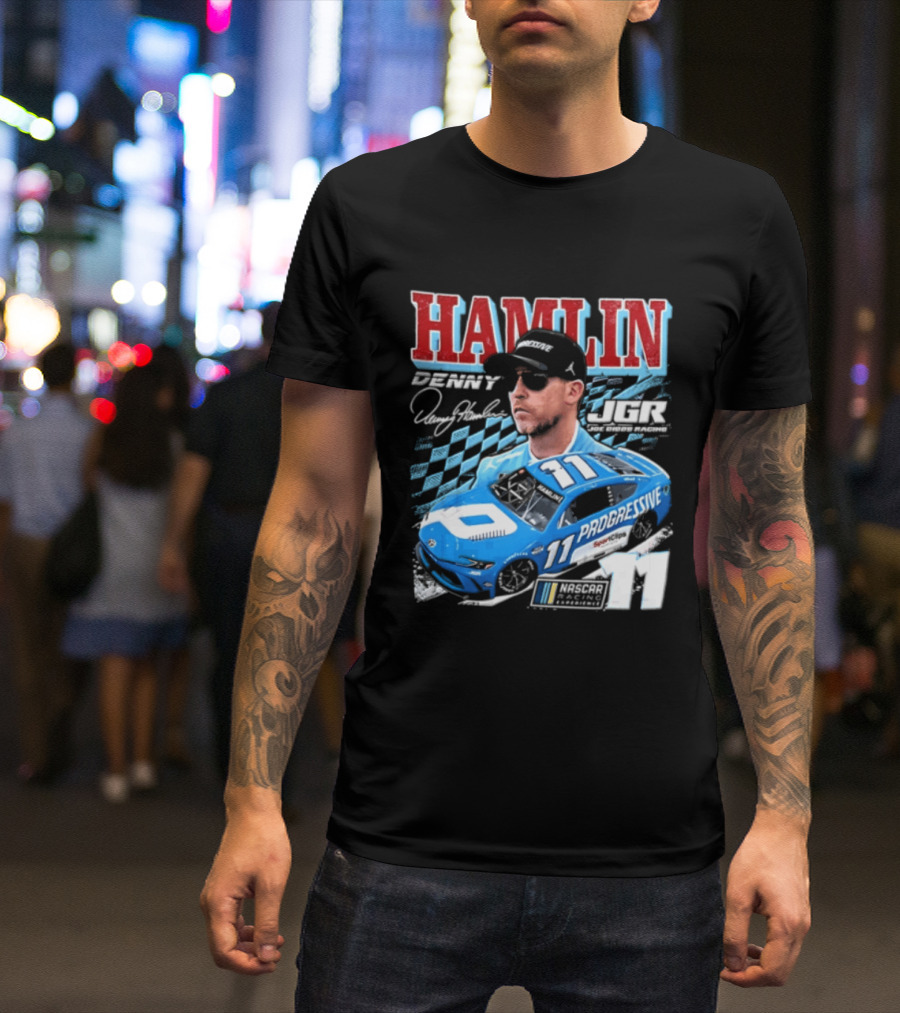 Denny Hamlin Joe Gibbs Racing NASCAR Progressive 11 Racer With Signature And Sunglasses T-Shirt