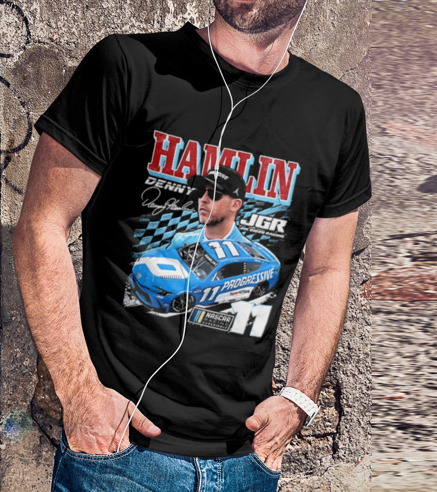 Denny Hamlin Joe Gibbs Racing NASCAR Progressive 11 Racer With Signature And Sunglasses T-Shirt