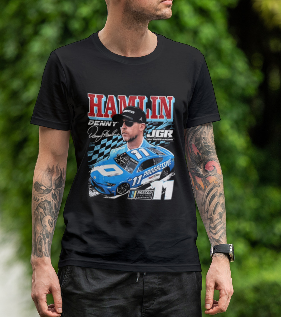 Denny Hamlin Joe Gibbs Racing NASCAR Progressive 11 Racer With Signature And Sunglasses T-Shirt