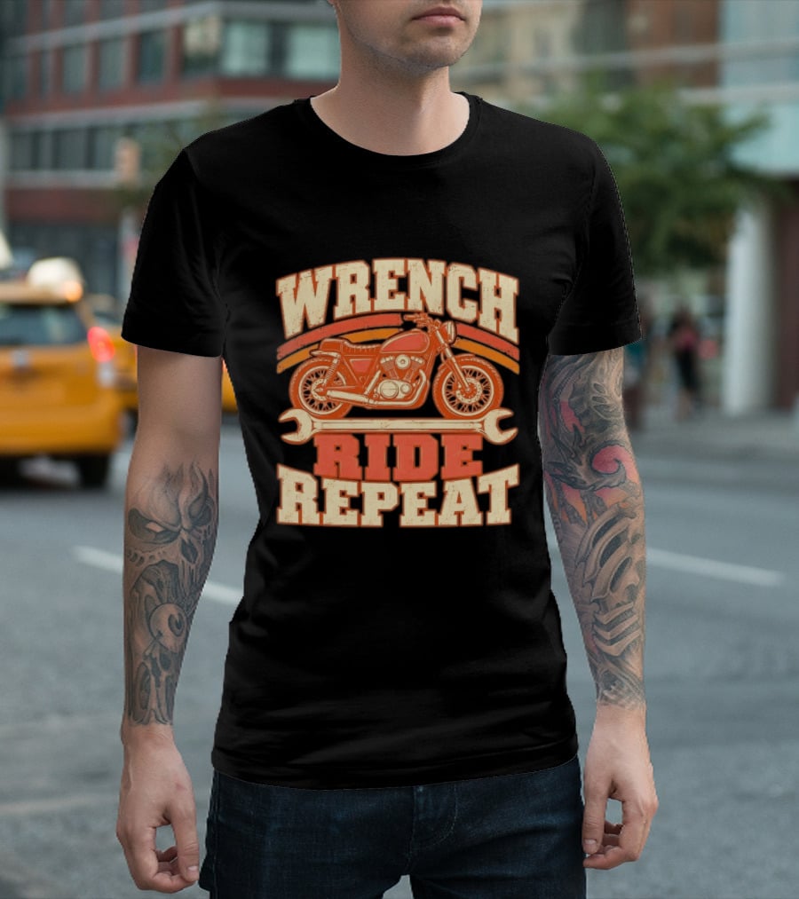 Wrench Ride Repeat Motorcycle Mechanic Distressed T-Shirt