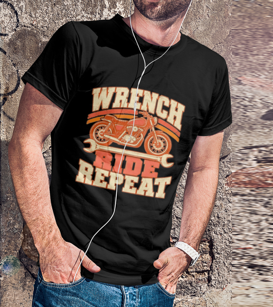 Wrench Ride Repeat Motorcycle Mechanic Distressed T-Shirt