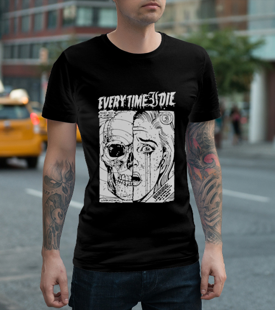 Every Time I Die Weird Tales Horror Warning Skull Face Half Human T-Shirt