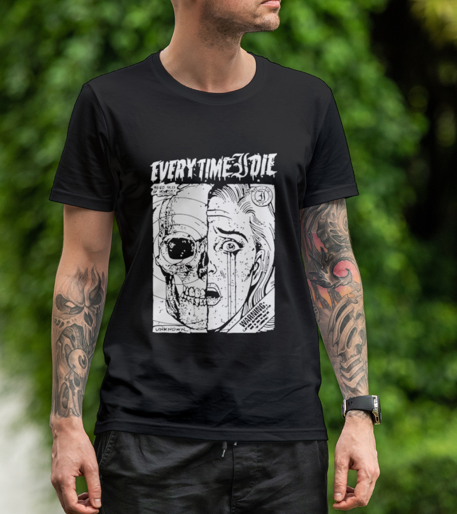 Every Time I Die Weird Tales Horror Warning Skull Face Half Human T-Shirt