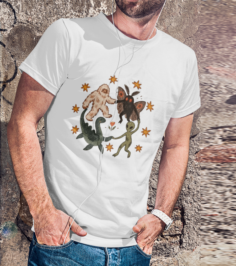Bigfoot Mothman Loch Ness Monster Alien Dancing Cryptids With Stars T-Shirt