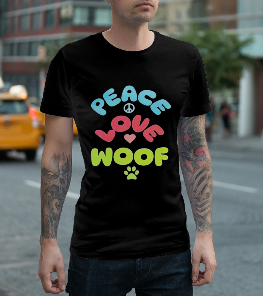 Peace Love Woof Paw Dog Lover Peace Sign Heart T-Shirt
