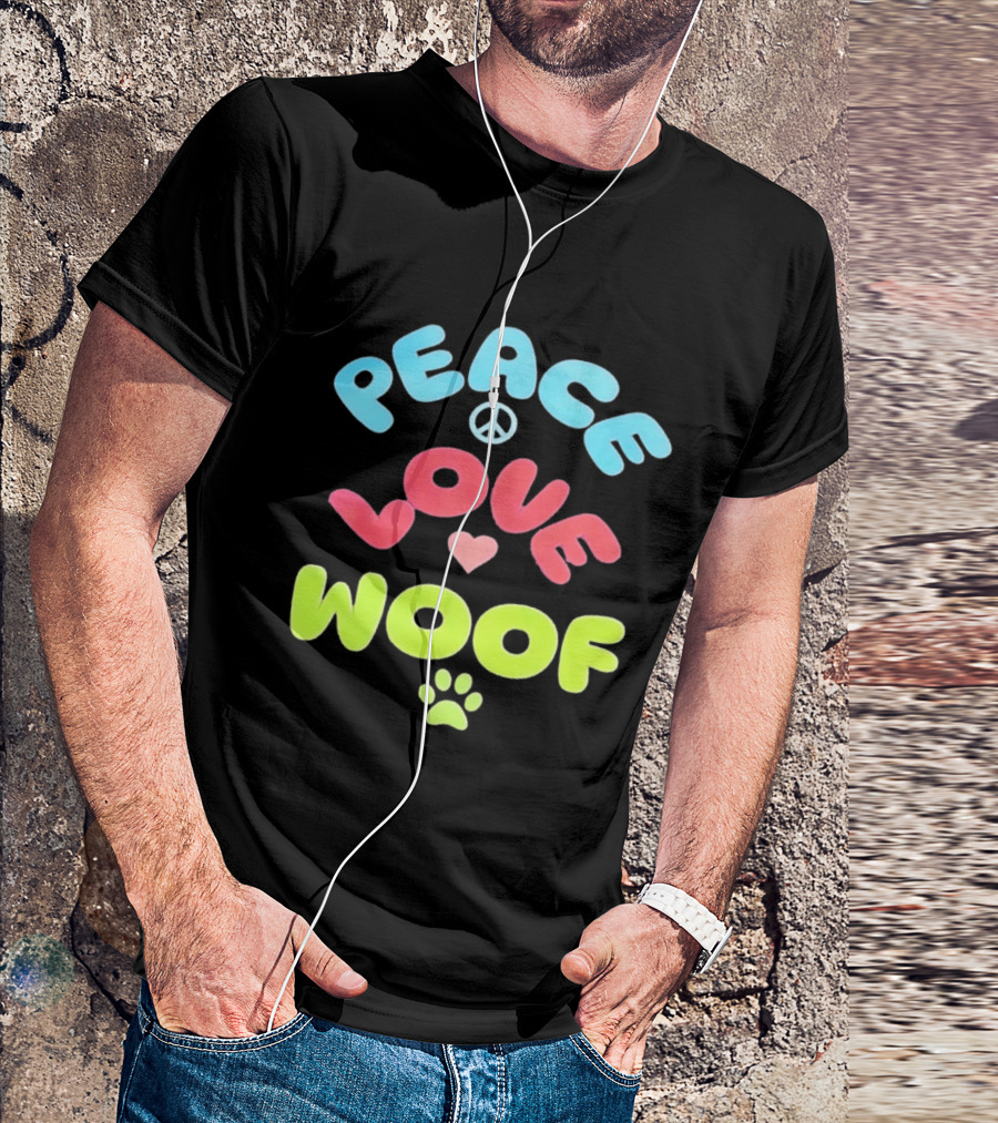 Peace Love Woof Paw Dog Lover Peace Sign Heart T-Shirt