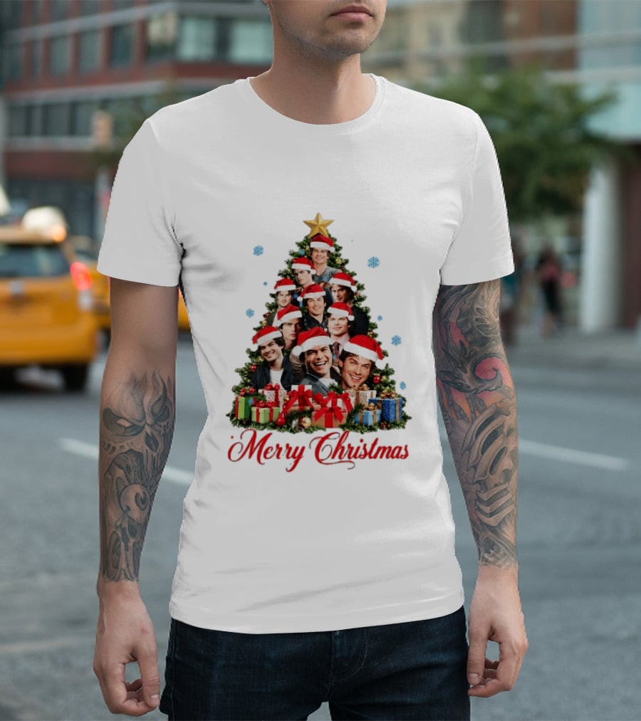 Merry Christmas All I Want For Christmas Is Damon Salvatore Santa Hat Christmas Tree T-Shirt