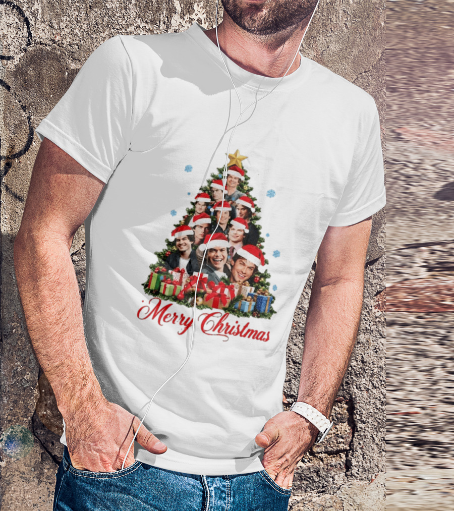 Merry Christmas All I Want For Christmas Is Damon Salvatore Santa Hat Christmas Tree T-Shirt