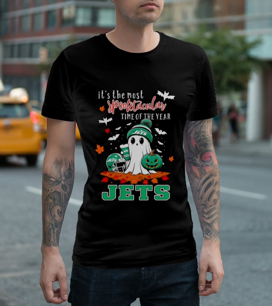 New York Jets Halloween Spooktacular Time Of The Year Football Ghost And Pumpkin T-Shirt