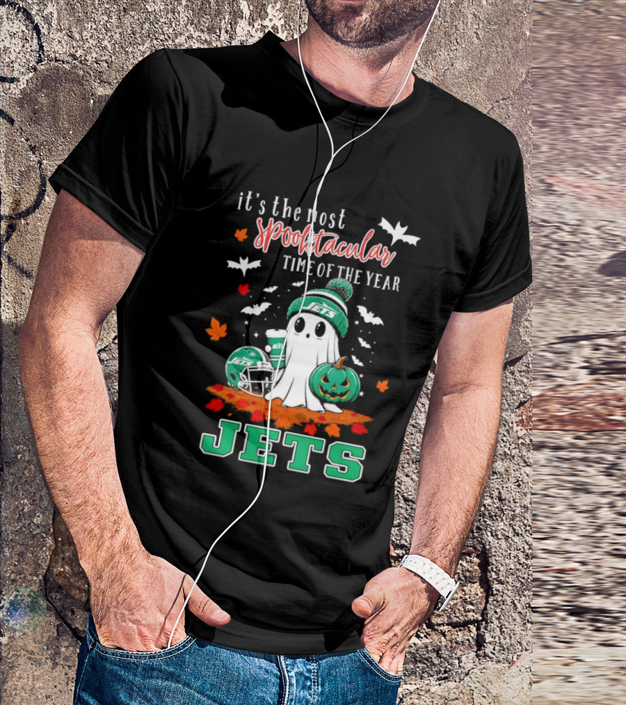 New York Jets Halloween Spooktacular Time Of The Year Football Ghost And Pumpkin T-Shirt
