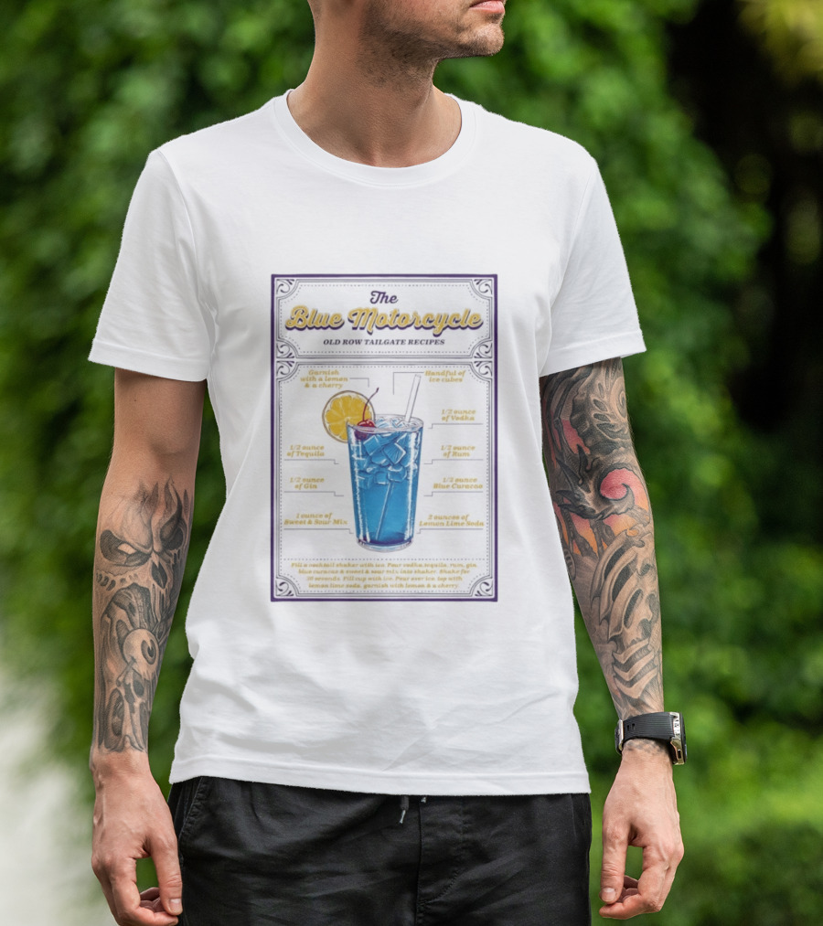 The Blue Motorcycle Old Row Tailgate Cocktail Recipe Guide With Vodka Rum Tequila Gin Blue Curacao Lemon Lime Soda T-Shirt