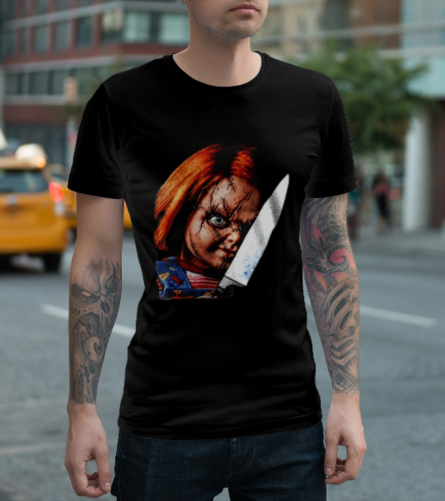 Chucky Child's Play Stitched Doll Knife Horror Movie Character 2 Sided T-Shirt