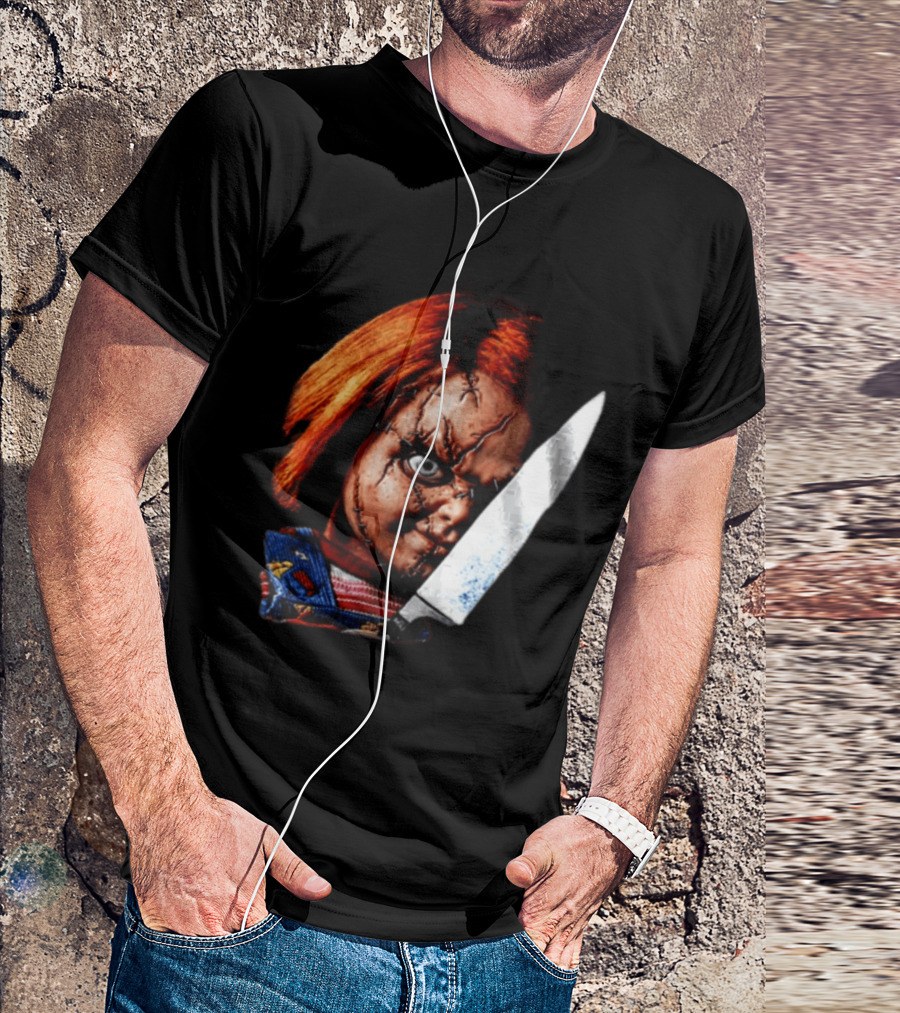 Chucky Child's Play Stitched Doll Knife Horror Movie Character 2 Sided T-Shirt