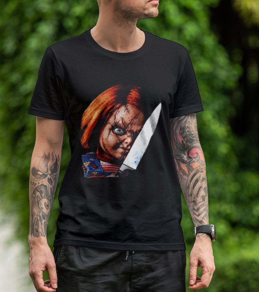 Chucky Child's Play Stitched Doll Knife Horror Movie Character 2 Sided T-Shirt