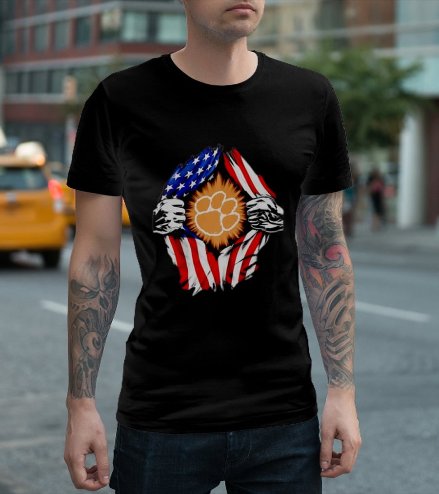 Clemson Tigers Paw Print Ripped American Flag T-Shirt