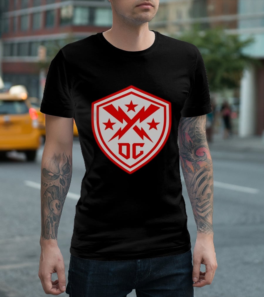 DC Shield Lightning Bolts Stars Emblem Red White T-Shirt
