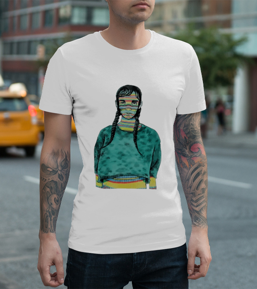 Girl With Braids Colorful Striped Face And Green Sweater T-Shirt