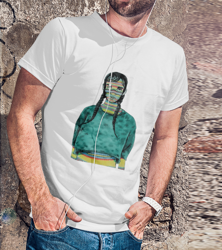 Girl With Braids Colorful Striped Face And Green Sweater T-Shirt