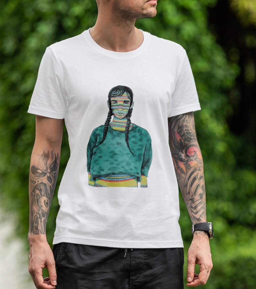 Girl With Braids Colorful Striped Face And Green Sweater T-Shirt