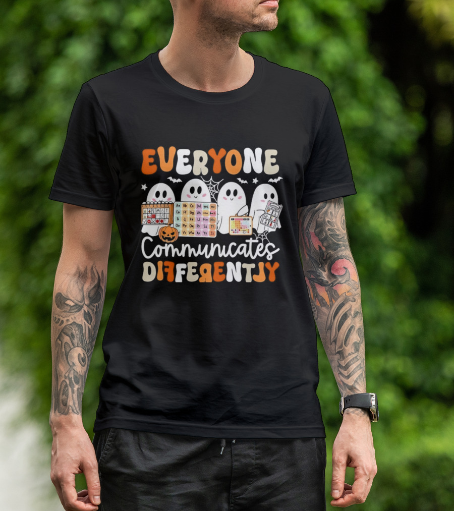 Everyone Communicates Differently Halloween Ghosts AAC Awareness T-Shirt