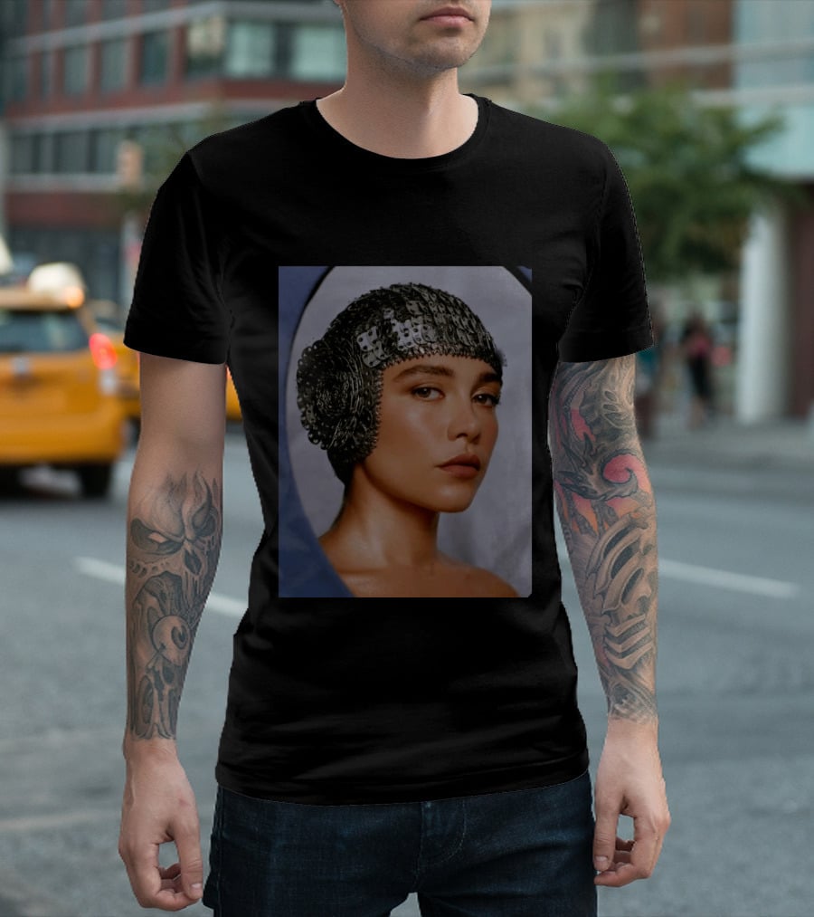 Florence Pugh Stuns On Vanity Fair With Elegant Chainmail Headpiece T-Shirt