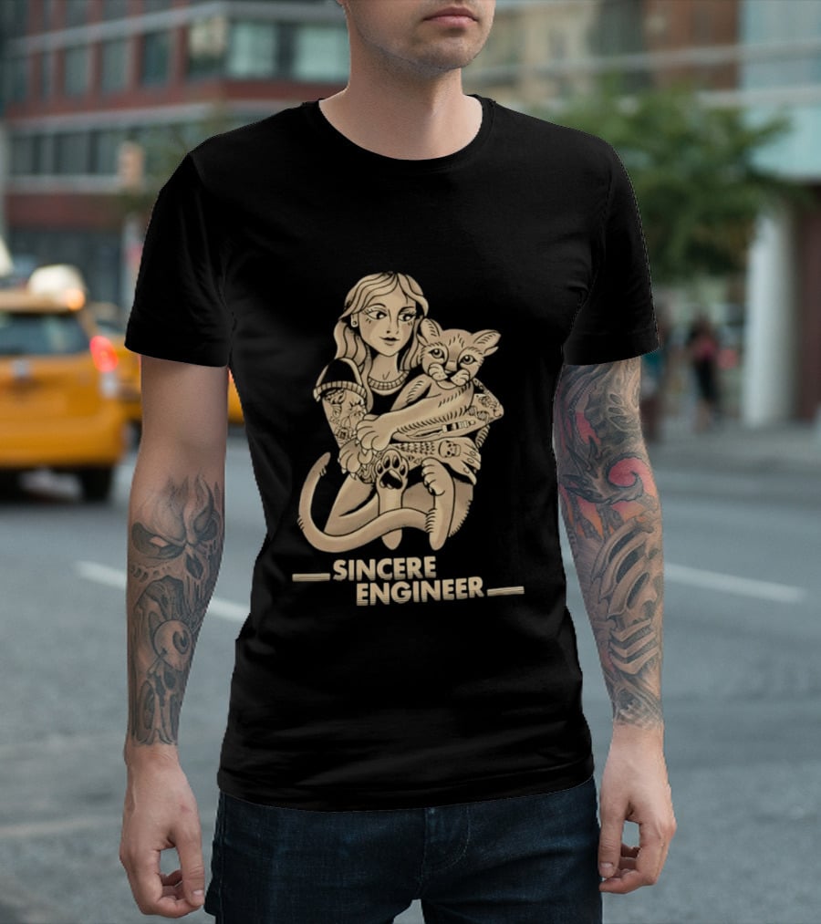 Tattooed Woman Hugging Cat Sincere Engineer T-Shirt