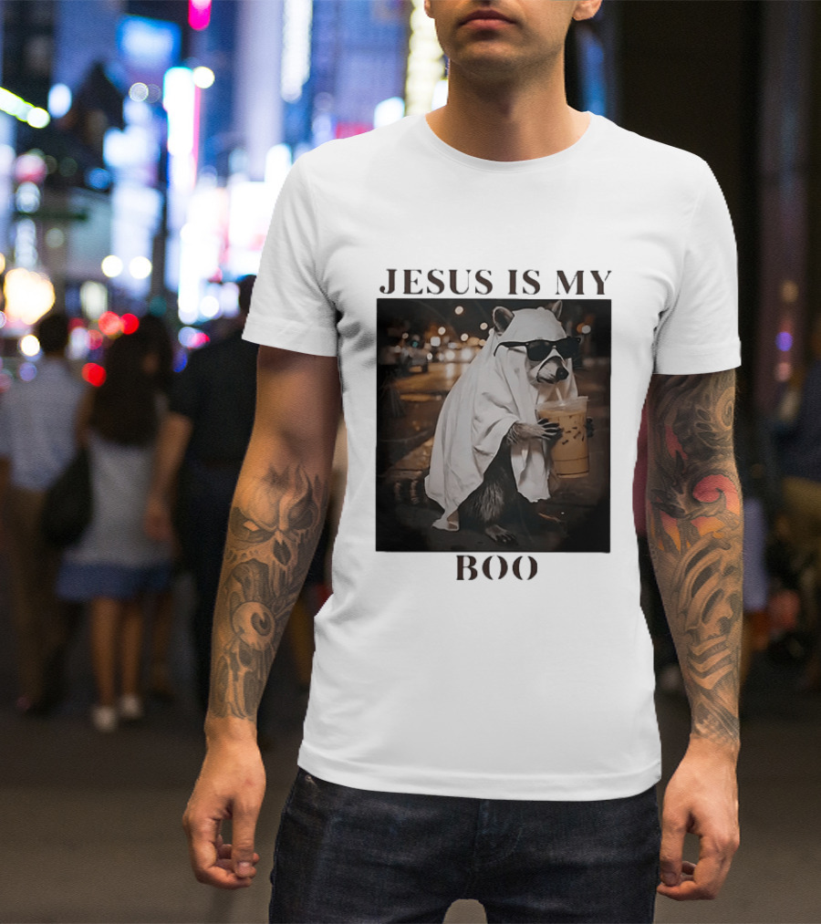 Jesus Is My Boo Raccoon With Iced Coffee And Sunglasses T-Shirt