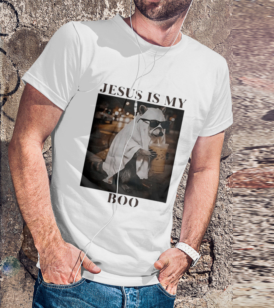 Jesus Is My Boo Raccoon With Iced Coffee And Sunglasses T-Shirt