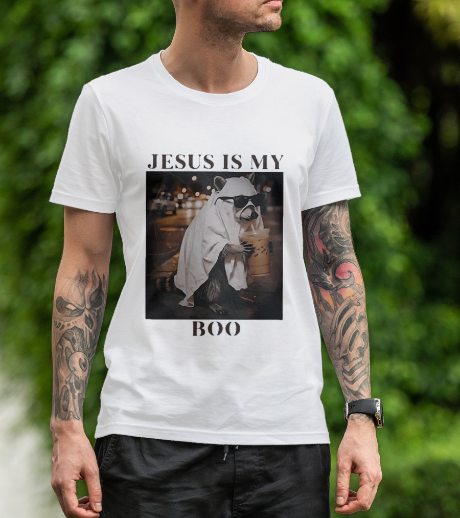 Jesus Is My Boo Raccoon With Iced Coffee And Sunglasses T-Shirt