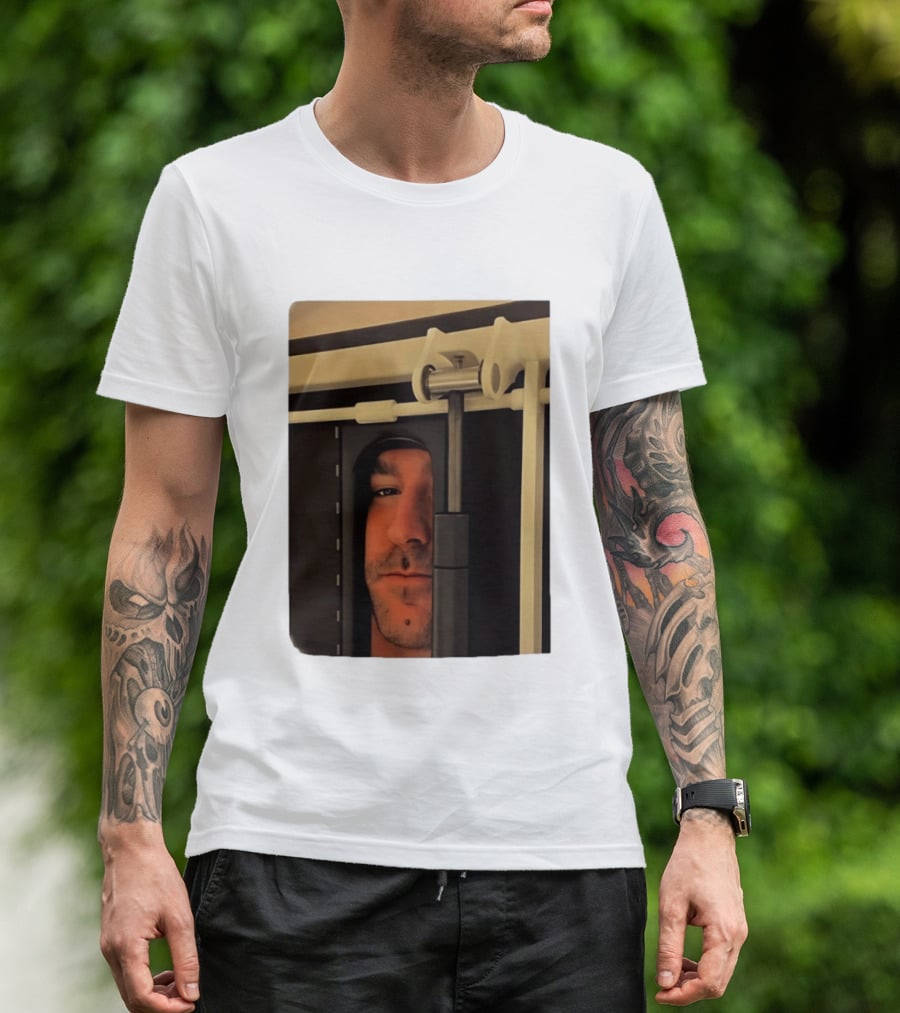 Man Peeking Through Door Face Hidden Observation Doorway T-Shirt