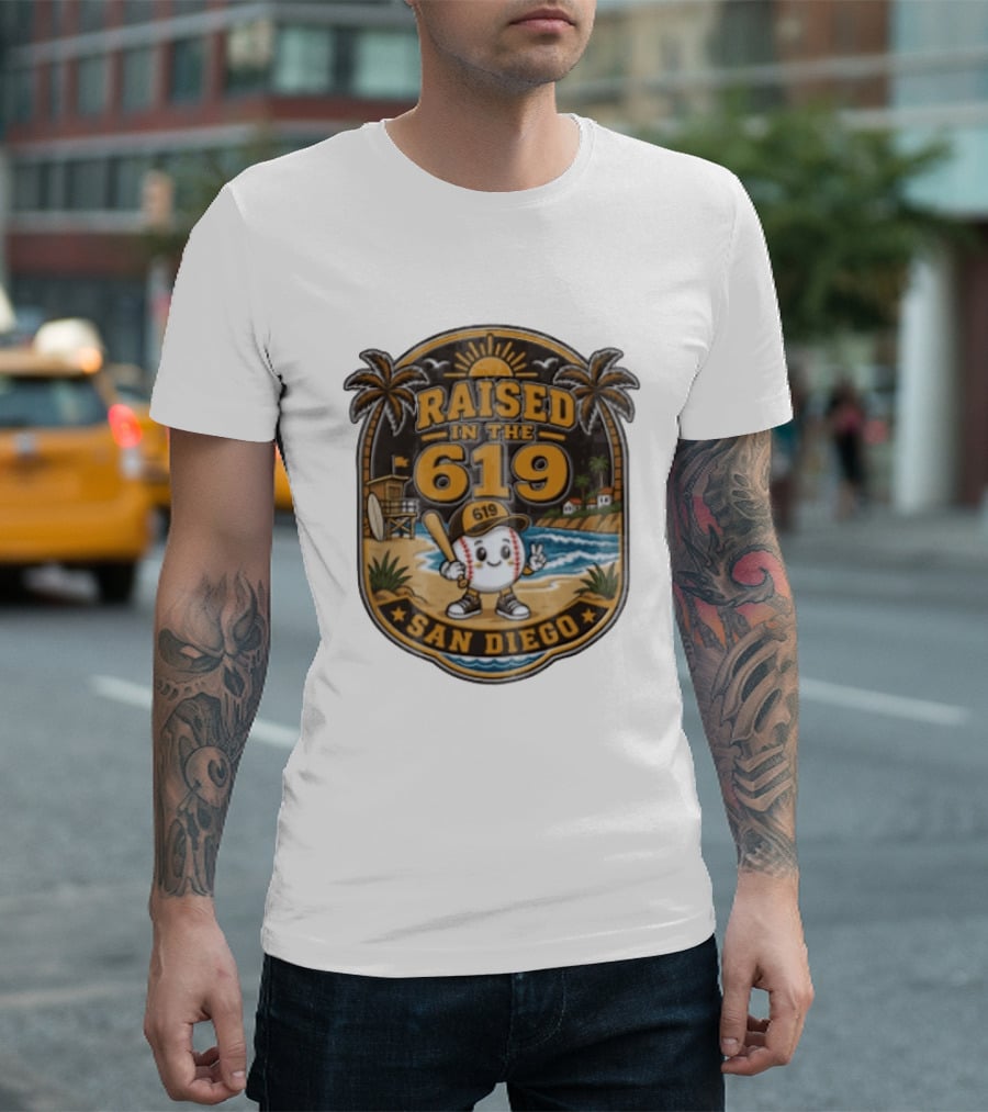 Raised In The 619 Baseball Character San Diego Beach Sunset Palm Trees T-Shirt