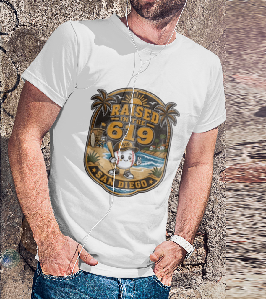 Raised In The 619 Baseball Character San Diego Beach Sunset Palm Trees T-Shirt