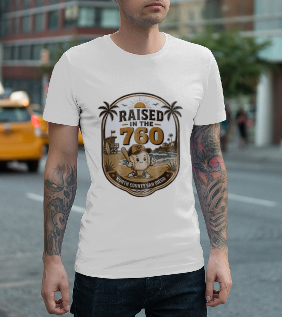 Raised In The 760 North County San Diego Beach Baseball Palms Waves Lifeguard Tower T-Shirt