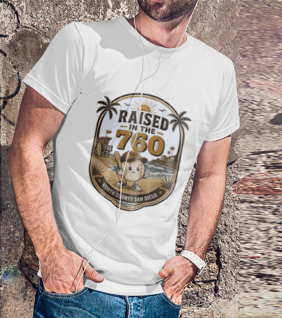 Raised In The 760 North County San Diego Beach Baseball Palms Waves Lifeguard Tower T-Shirt