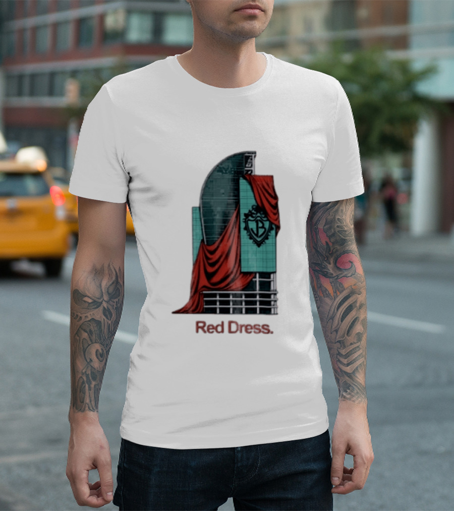 Red Dress Red Drapes Over Modern Skyscraper With Shield T-Shirt