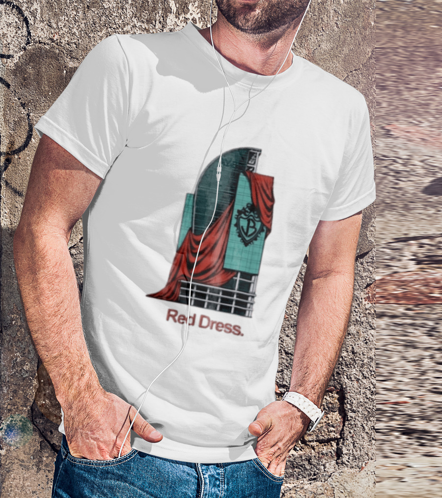 Red Dress Red Drapes Over Modern Skyscraper With Shield T-Shirt