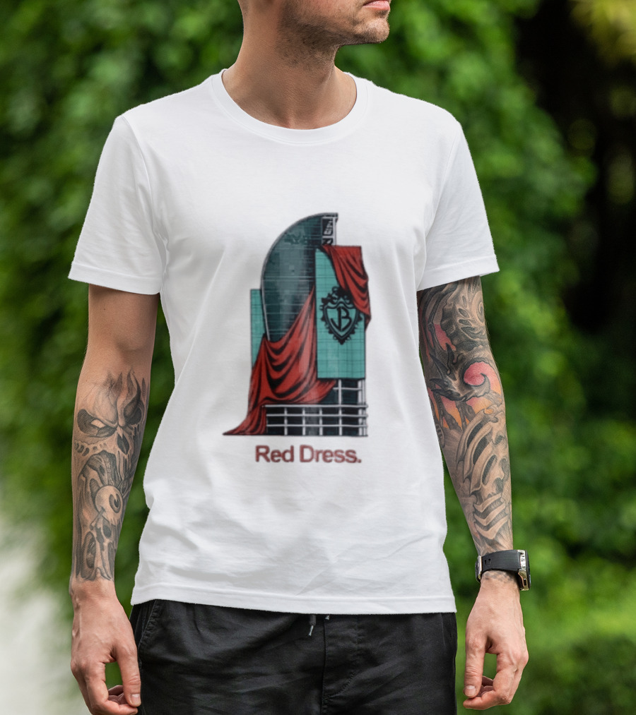 Red Dress Red Drapes Over Modern Skyscraper With Shield T-Shirt