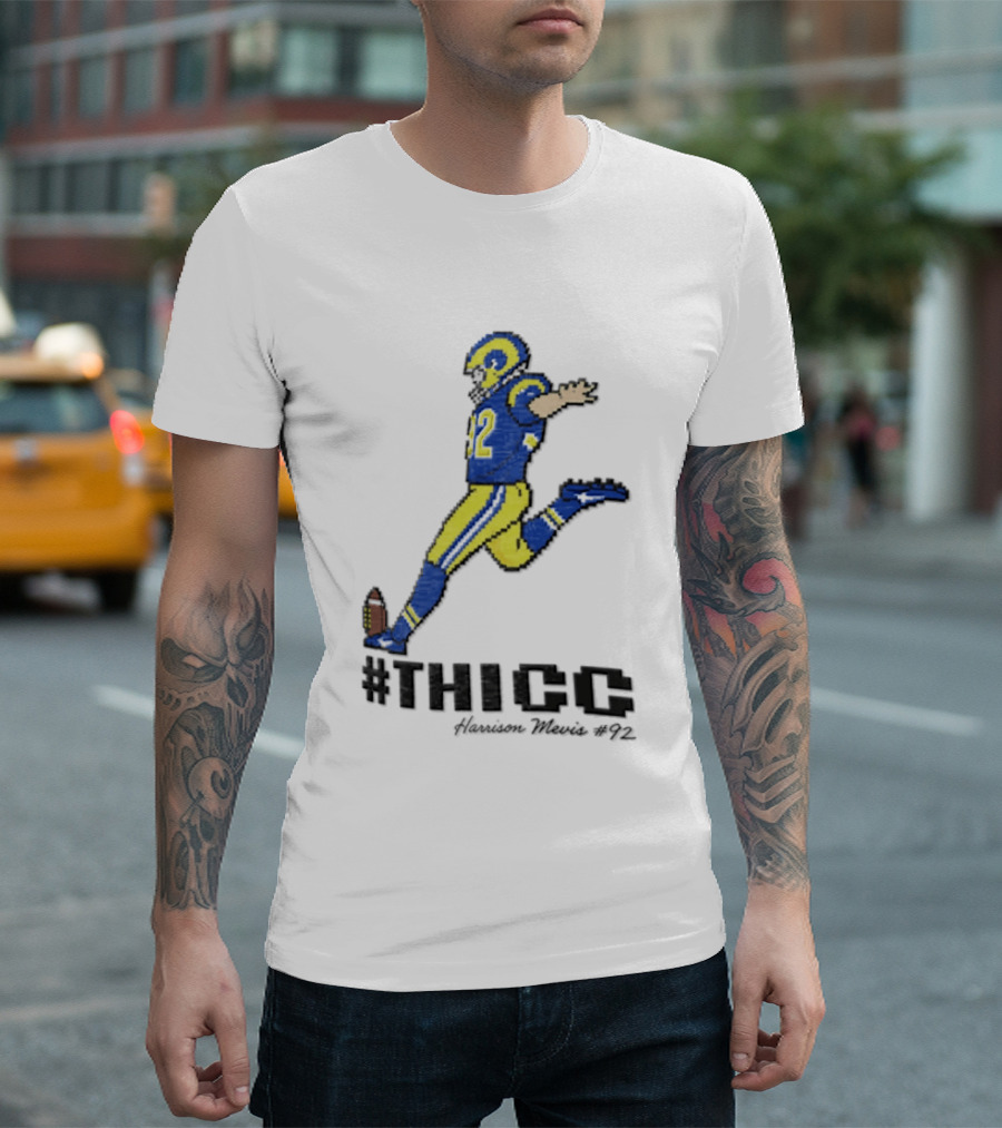 #THICC Harrison Mevis 92 Pixel Football Player In Blue And Yellow Uniform T-Shirt