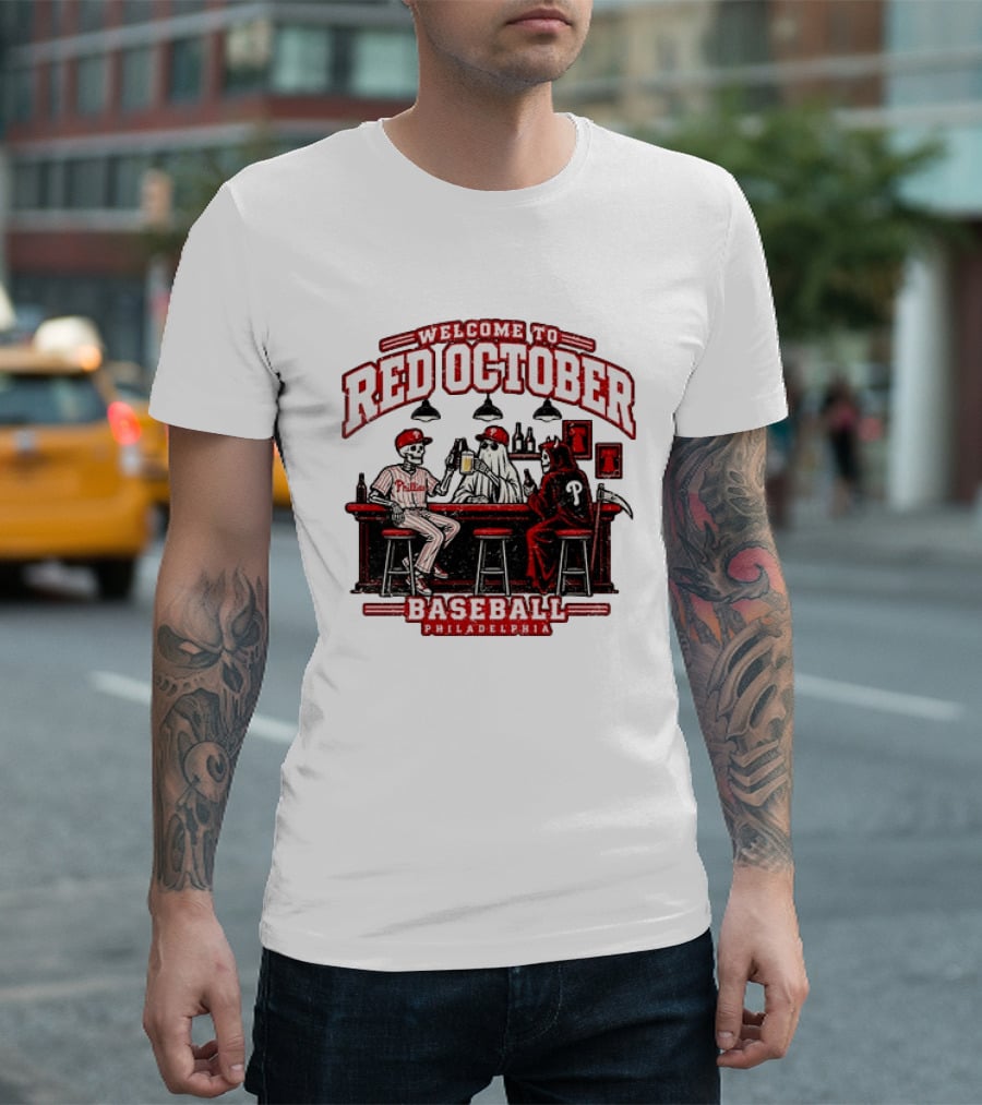 Welcome To Red October Baseball Philadelphia Halloween Skeletons And Ghost At Bar T-Shirt