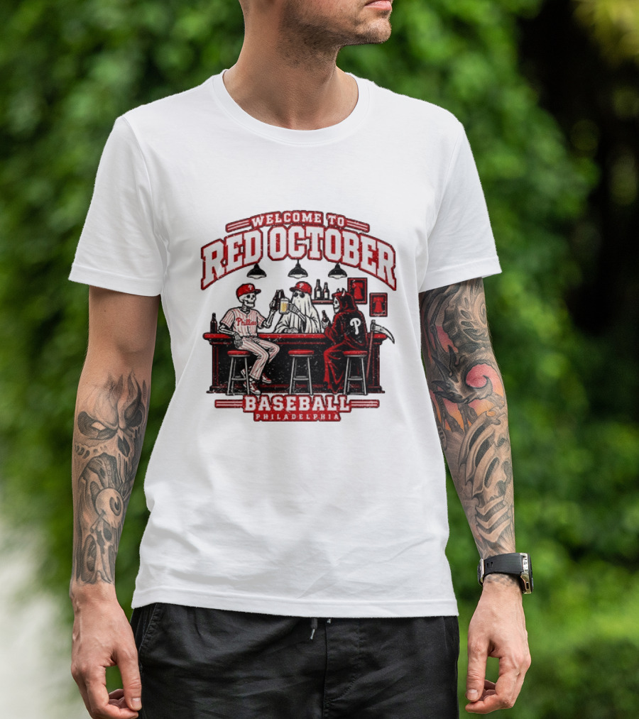Welcome To Red October Baseball Philadelphia Halloween Skeletons And Ghost At Bar T-Shirt