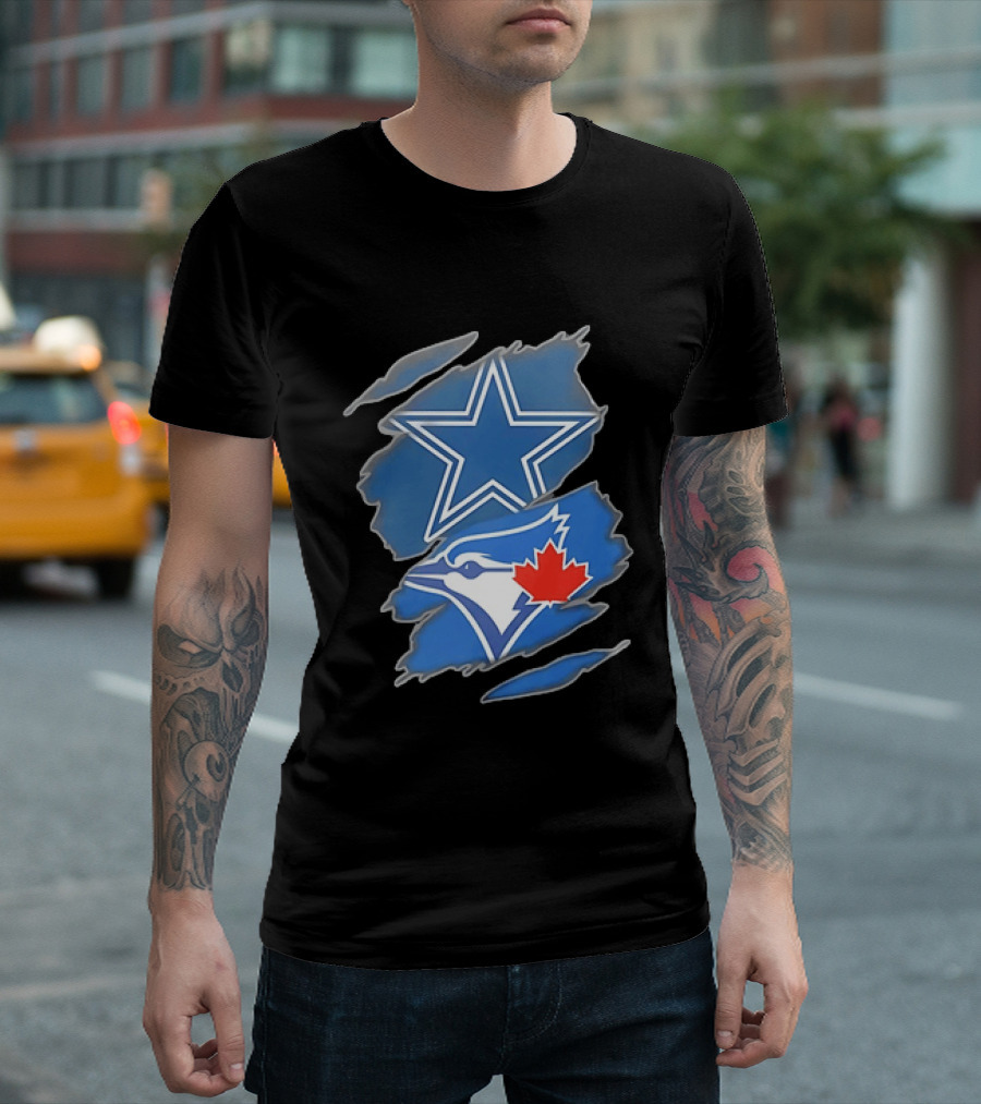 Dallas Cowboys Star And Toronto Blue Jays Jay With Maple Leaf Ripped T-Shirt