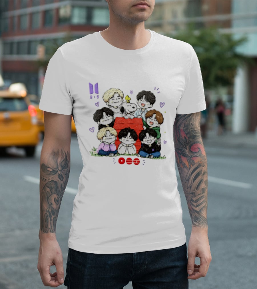 Snoopy Woodstock Peanuts BTS Members Cartoon Illustration Collaboration T-Shirt