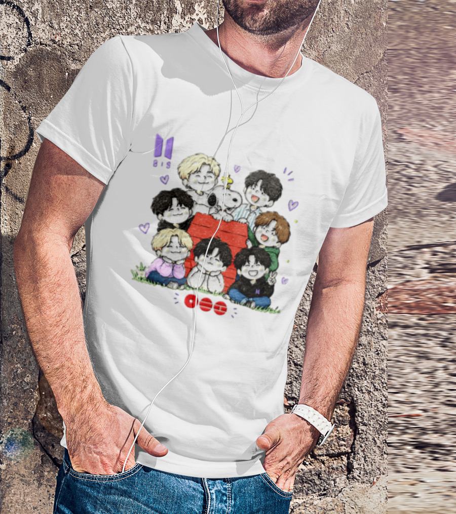 Snoopy Woodstock Peanuts BTS Members Cartoon Illustration Collaboration T-Shirt