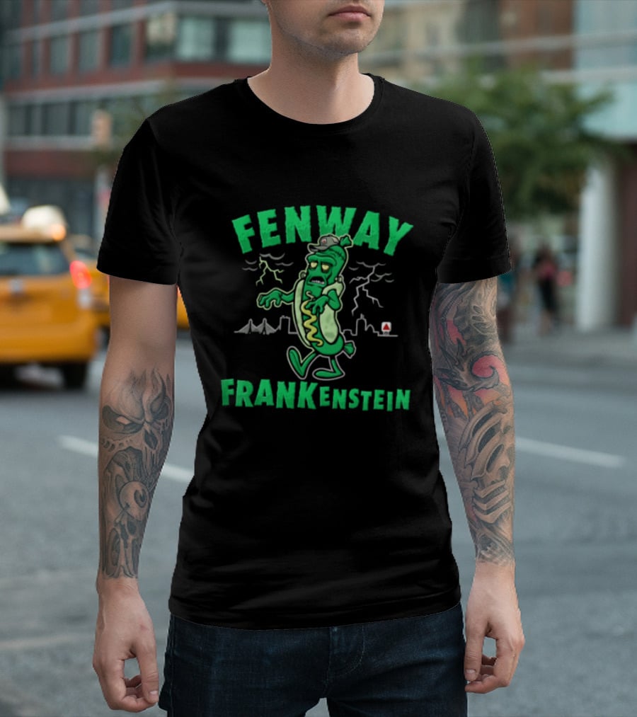 Fenway Frankenstein Halloween Zombie Monster With Lightning And Spooky Skyline T-Shirt